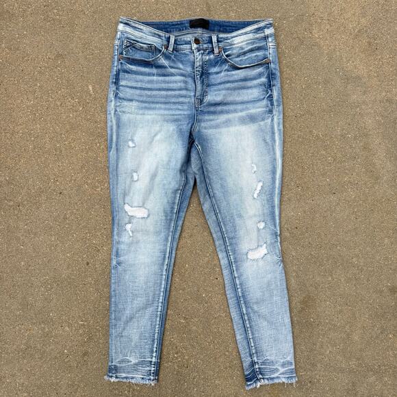 Buckle Black Fit No 75 Ankle Skinny Jeans Size 31 Light Blue Distressed Fray Hem - Picture 1 of 10